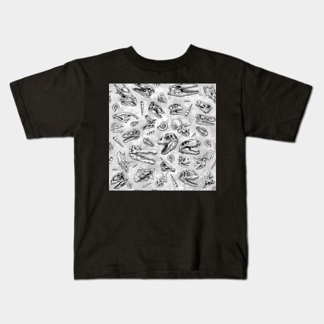 Dinosaur skull sketch tiled pattern white Kids T-Shirt by CassWArt